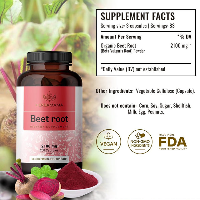 HERBAMAMA Beet Root Capsules - Blood Pressure Support, Immune Boost , 250 Caps