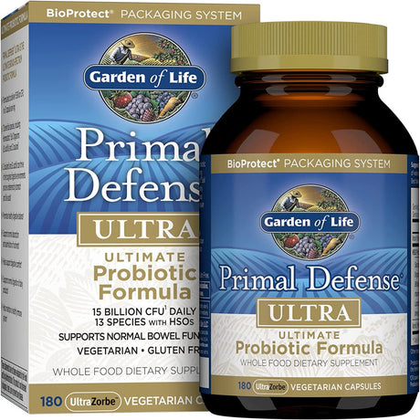 Garden of Life Whole Food Primal Defense Ultra Ultimate Probiotic Dietary Supplement Vegetarian Capsules for Digestive and Gut Health, 180 Count