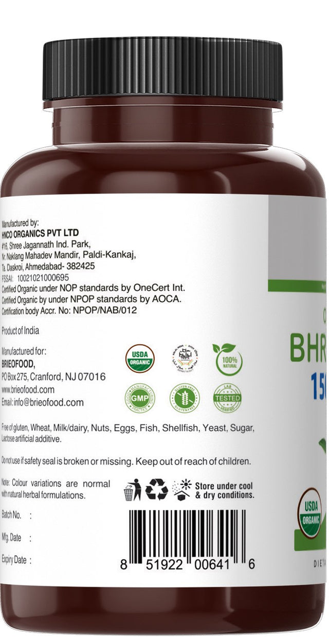 Brieofood Organic Bhringraj 1500Mg, 45 Servings, Vegetarian, Gluten Free, 90 Vegetarian Tablets