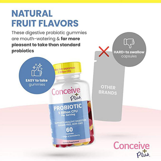 Conceive plus Probiotic Gummies for Men, Women, Kids - 5 Billion CFU Probiotic Gummy for Digestive Health - Assorted Natural Flavors - Sugar-Free Vegan Chewable Daily Adult/Kid Probiotics - 60 Count