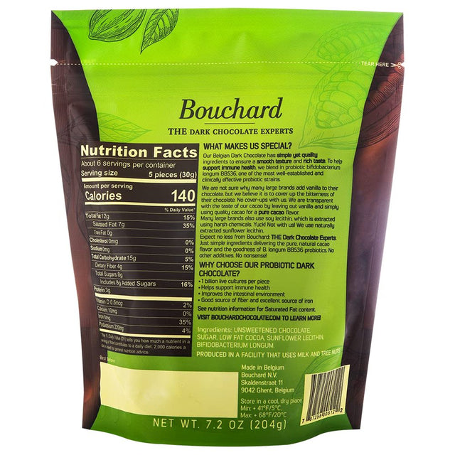 Bouchard Probiotic Belgian Dark Chocolate 72% Cacao, Individually Wrapped Napolitains, 7.2 OZ Bag