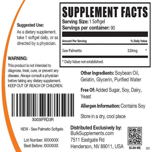 Bulksupplements.Com Saw Palmetto Extract Softgels, 320Mg - Prostate & Testosterone Support for Men (90 Softgels - 90 Serv)