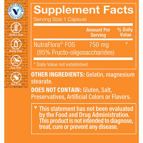 The Vitamin Shoppe Nutra Flora FOS 750MG (Fructo-Oligosaccharides), Prebiotic to Nourish Probiotics in Your Digestive Tract, Supplement for Digestion and Intestinal Health & Colon Care (100 Capsules)