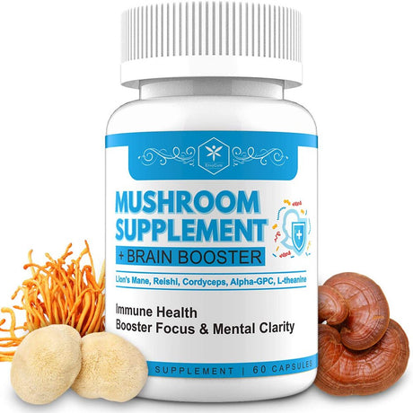 Reishi Mushroom Capsules,Lions Mane, Cordyceps, Turkey Tail, Chaga, L-Theanine, Alpha-Gpc, Nootropic Brain Supplement for Stress Relief, Memory and Immune Support, 60 Capsules