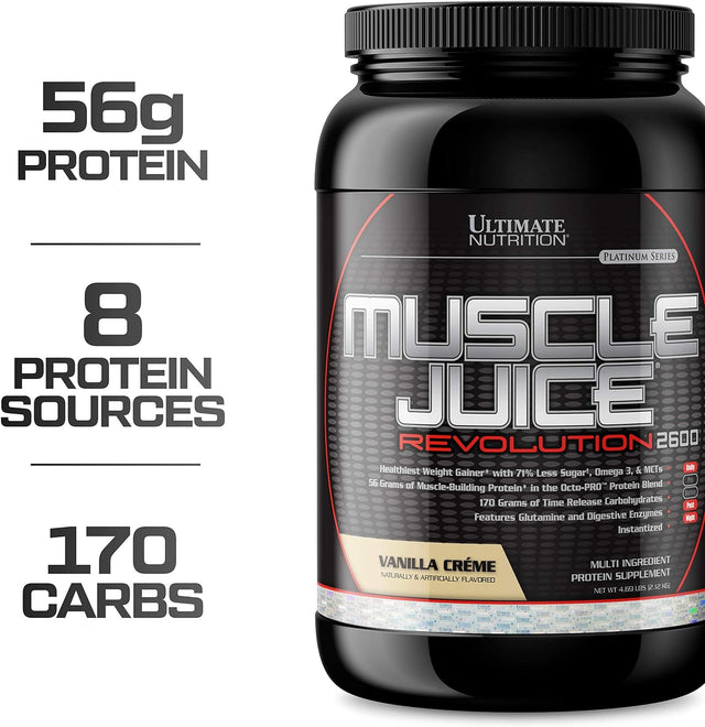 Ultimate Nutrition Muscle Juice Revolution 2600 Weight Gainer, Muscle Recovery with Glutamine, Micellar Casein, Time Release Complex Carbohydrates, Vanilla Protein Powder, 4.69 Pounds