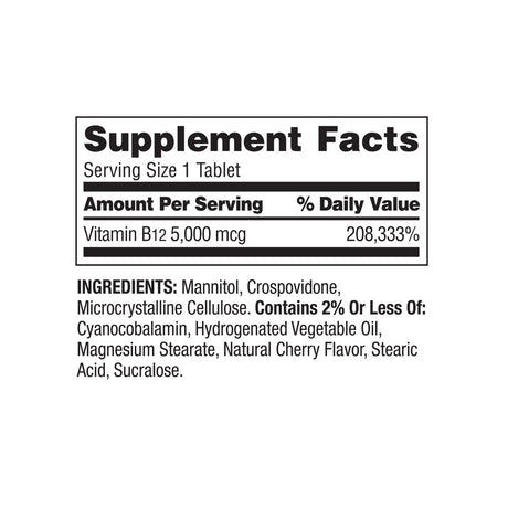 Spring Valley Extra Strength Vitamin B12 Fast Dissolve Tablets, Cherry, 5000 Mcg, 300 Ct, Value Size