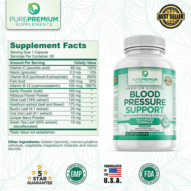 Blood Pressure Support by Purepremium Supplements - Advanced Formula - Circulatory Health Support - Non-Gmo, 90 Capsules