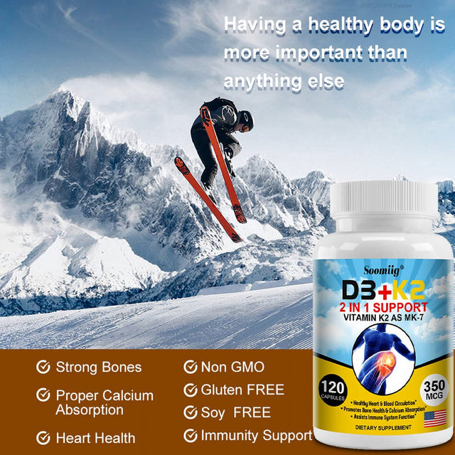 Soomiig D3+K2 Supplement 2-In-1 Supports Vitamin K2 as MK-7 to Support Heart, Blood Circulation, Bones, Colon Absorption