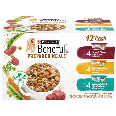 (12 Pack) Purina Beneful High Protein, Wet Dog Food with Gravy Variety Pack, Prepared Meals Stew, 10 Oz. Tubs