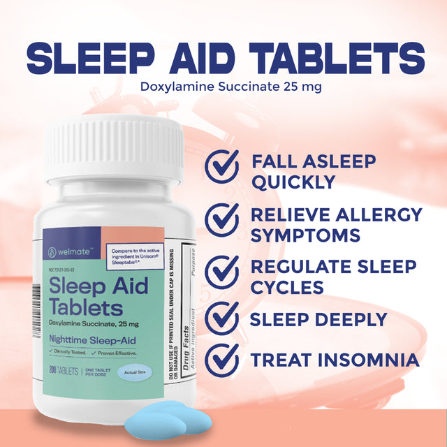 Welmate Sleep Aid - Doxylamine Succinate 25 Mg - Insomnia Support - USA Made - 200 Count Tablets