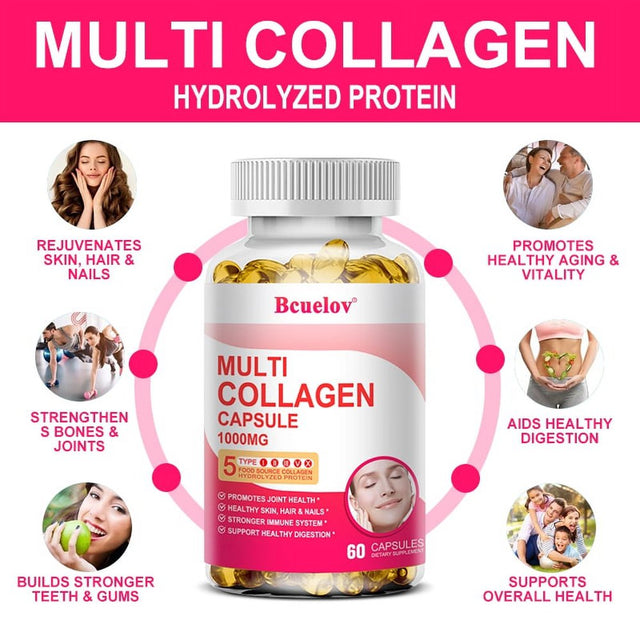 Bcuelov Collagen Complex Types I, II, III, V & X - Contains Pure Hydrolyzed Marine Collagen Peptides - for Skin, Nails, Hair, Gut, Joint Health