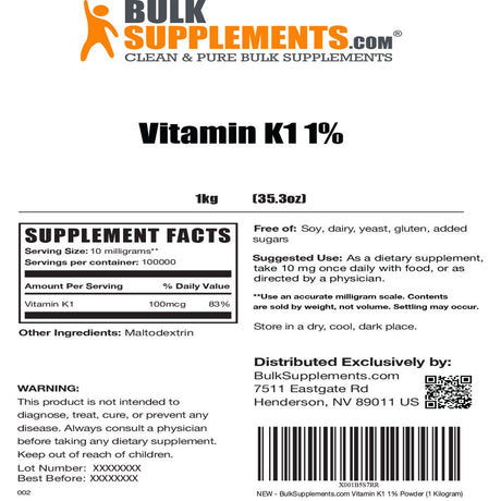 Bulksupplements.Com Vitamin K1 (1%) Powder (1 Kilogram)