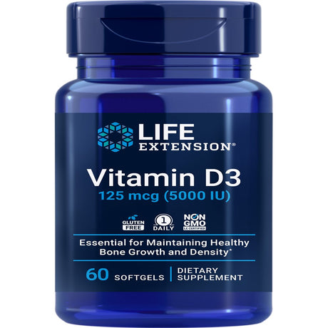 Life Extension Vitamin D3 125 Mcg (5000 IU), Bone Health, Brain Performance, Immune System Support, Gluten-Free, Non-Gmo, Once Daily, Two-Month Supply, 60 Softgels