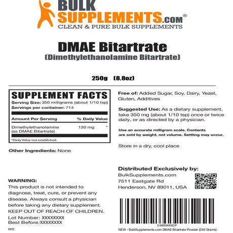 Bulksupplements.Com Dmae-Bitartrate Powder - Nerve Support Supplement - Mental Focus Supplement - Acetylcholine Supplements (250 Grams - 8.8 Oz)