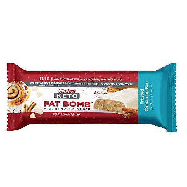 Slimfast Keto Fat Bomb Meal Replacement Whey Protein Bar, Frosted Cinnamon Bun, Low Carb with 7G Protein, 5 Count Box