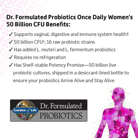 Garden of Life Dr. Formulated Probiotics for Women, Once Daily Women’S Probiotics 50 Billion CFU Guaranteed and Prebiotic Fiber, Shelf Stable One a Day Probiotic No Gluten Dairy or Soy, 30 Capsules