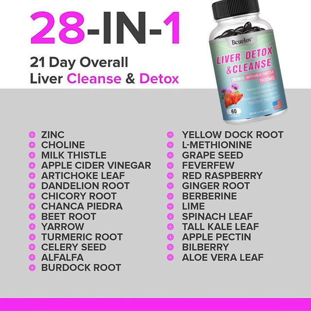 Bcuelov Liver Cleanse Detox & Repair - 28+ Herbs - Premium Liver Health Formula - Liver Support Detox Cleansing Supplement