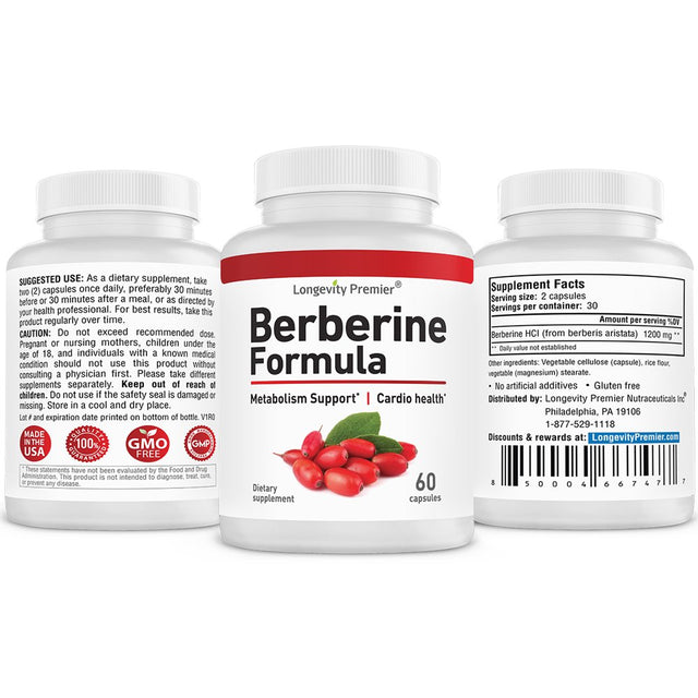 Longevity Berberine Formula: Premier Blood Sugar Support & Healthy Cholesterol Levels Booster. High Potency 1200Mg