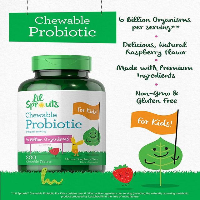 Chewable Probiotics for Kids | 200 Tablets | Natural Raspberry Flavor | by Lil' Sprouts