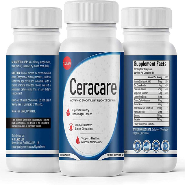 Ceracare - Advanced Blood Sugar Support Formula - Pills for Healthy Blood Sugar Levels - Promotes Better Blood Circulation and Healthy Glucose Metabolism - 180 Capsules (3 Pack)