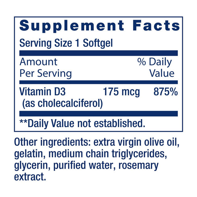 Life Extension Vitamin D3 175 Mcg (7000 IU), Immune System Support, Bone Health, Brain Performance, Gluten-Free, Non-Gmo, Once Daily, Two-Month Supply, 60 Softgels