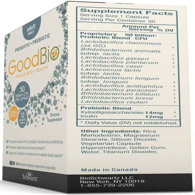 Goodbio Probiotics + Prebiotics for Adults - Digestive & Immune Support - Promotes Healthy Gut Flora with Inulin by Bioschwartz – 30 Count