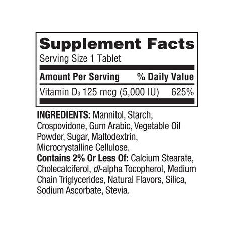 Spring Valley Extra Strength Vitamin D3 Fast Dissolve Tablets Dietary Supplement, 125 Mcg (5,000 IU), Strawberry Flavor, 90 Count