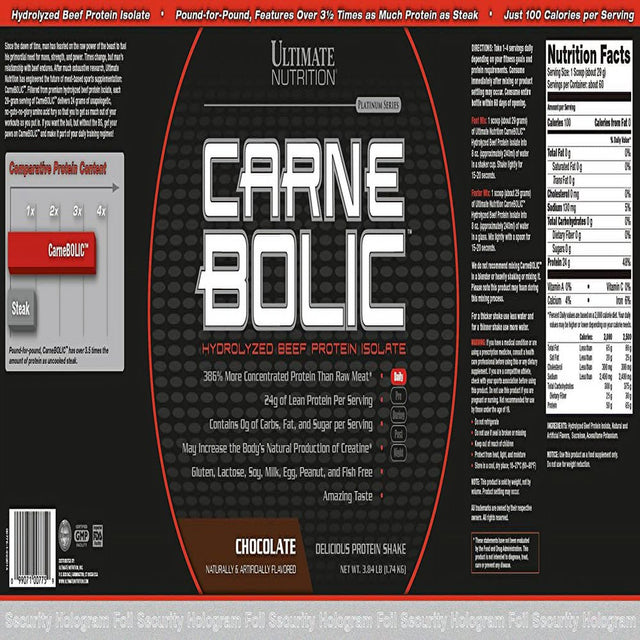 Ultimate Nutrition Carnebolic Beef Protein Isolate Powder with 0 Carbs 0 Sugar and 0 Fat, Chocolate, 60 Servings