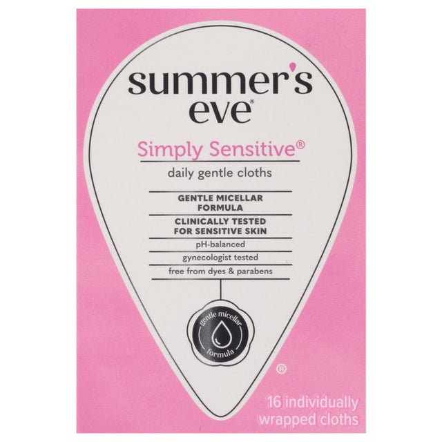 Summer’S Eve Simply Sensitive Daily Feminine Wipes, Removes Odor, Ph Balanced, 16 Count