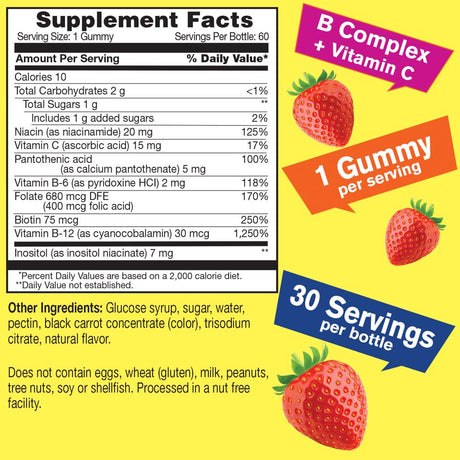 Wellyeah Vitamin B Complex Gummies (2 Pack) - with Vitamin C, Niacin, Vitamin B6, Folic Acid, Vitamin B12, Biotin & Pantothenic Acid - 2 Month Supply - Strawberry Flavor, Gluten Free - 60 Gummies