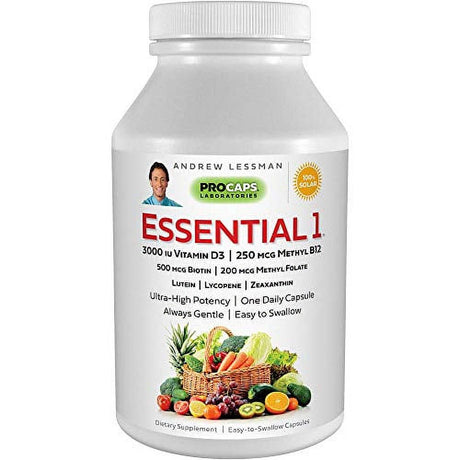 Andrew Lessman Essential-1 Multivitamin 3000 IU Vitamin D3 30 Small Capsules - 250 Mcg Methyl B12. Lutein Lycopene Zeaxanthin. 24+ Nutrients. High Potency. No Additives. Ultra-Mild Only