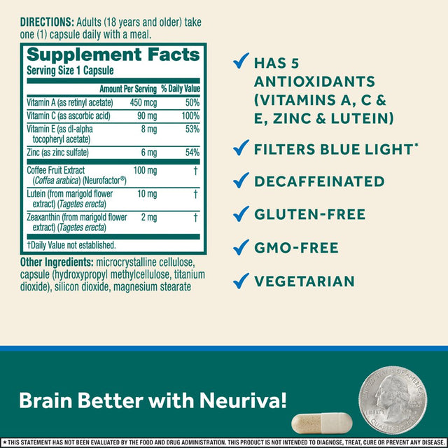 Neuriva Brain + Eye Support Capsules (30 Count), with Vitamins a C E, Zinc, Zeaxanthin, Antioxidants, Filters Blue Light, Decaffeinated, Vegetarian, Gluten & GMO Free