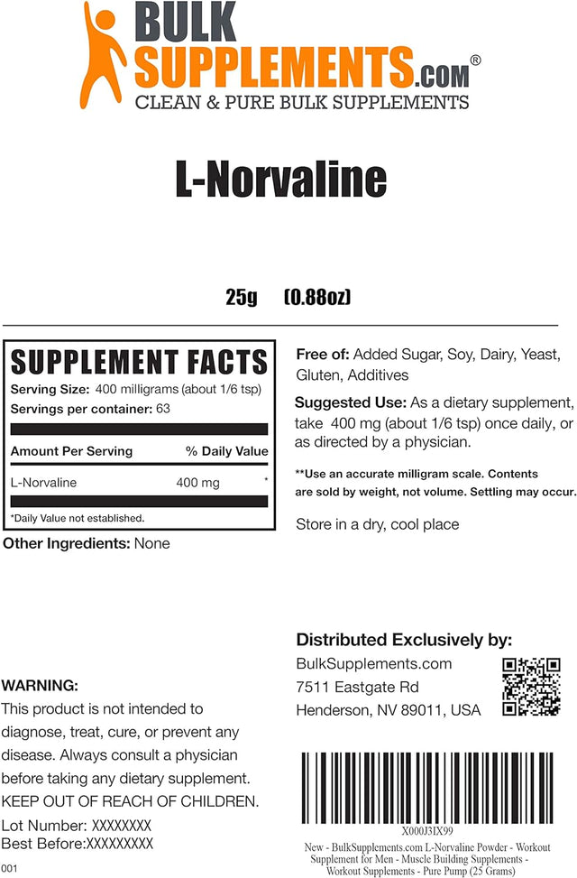 BULKSUPPLEMENTS.COM L-Norvaline Powder - Amino Acids Supplement for Energy, Nitric Oxide Supplement - Gluten Free - 400Mg per Serving, 63 Servings (25 Grams - 0.88 Oz)