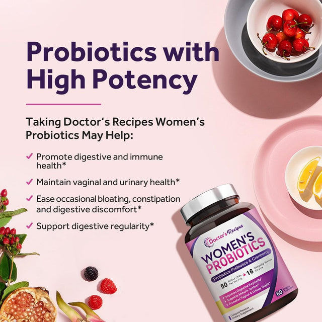 Doctor'S Recipes Women S Probiotic, 60 Caps 50 Billion CFU 16 Strains, with Organic Cranberry, Digestive Immune Vaginal & Urinary Health, Shelf Stable, Delayed Release, No Soy Gluten Dairy