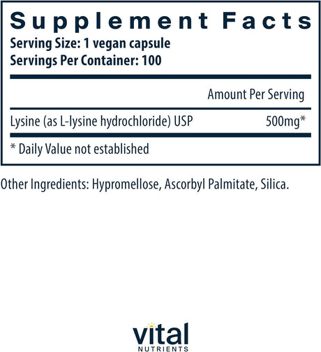 Vital Nutrients - Lysine - Supports Immune Function and Normal Arginine Levels - Supports Calcium Absorption - 100 Vegetarian Capsules per Bottle - 500 Mg