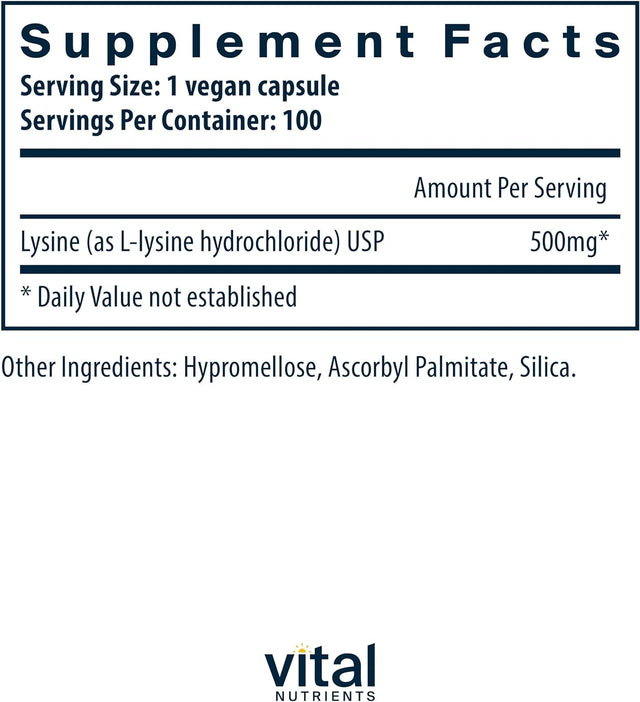 Vital Nutrients - Lysine - Supports Immune Function and Normal Arginine Levels - Supports Calcium Absorption - 100 Vegetarian Capsules per Bottle - 500 Mg