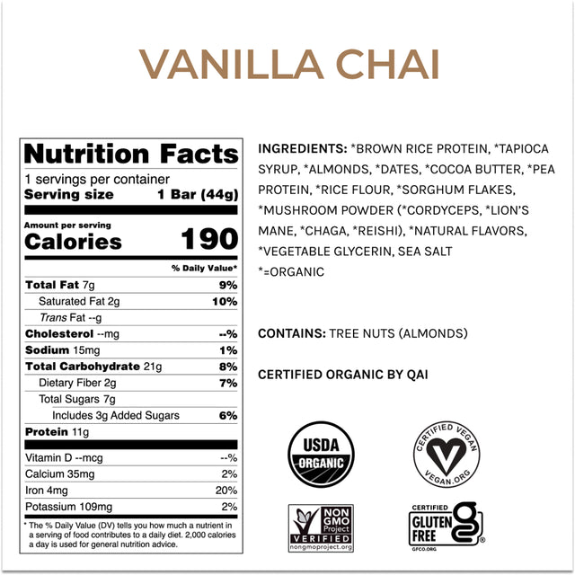 Functional Mushroom Protein Bars | Full Dose (1500Mg) Reishi in Each Bar | Vegan Protein Bars, Organic Protein Bars, Adaptogens, Gluten Free Protein Bars | Vanilla Chai