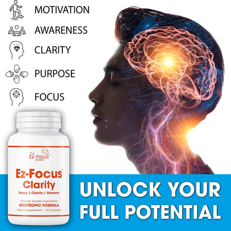 Ez-Focus 'Clarity' Brain Booster Supplement for Men and Women Promotes Clarity, Focus and Memory, Brain Supplement for Students Professionals Trainer Artist Athletes-90 Ct