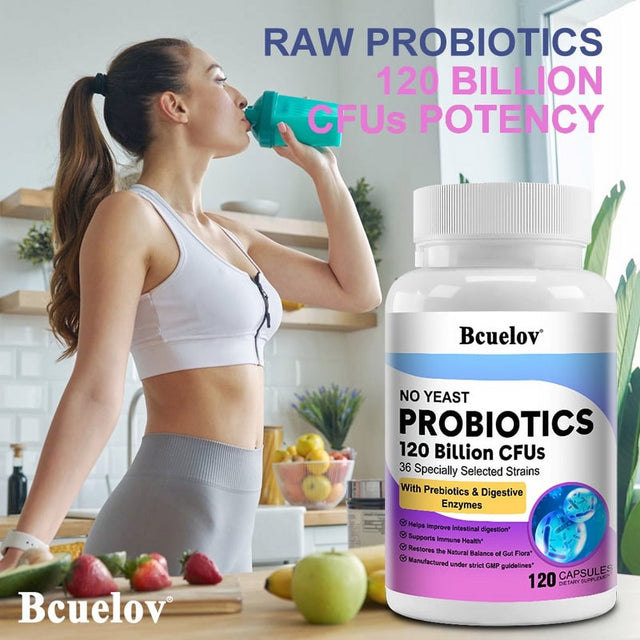 Bcuelov Probiotics 120 Billion CFU - 36 Strains with Prebiotics & Digestive Enzymes, Gut Digestive & Immune Support