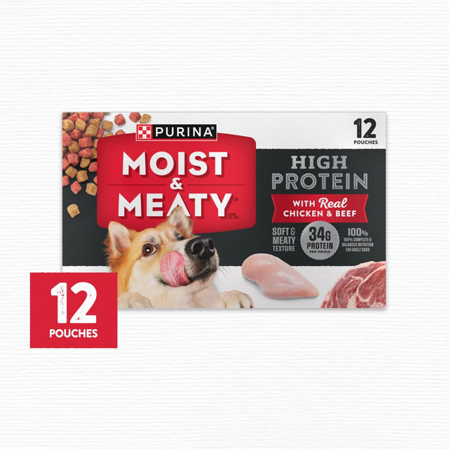 Purina Moist & Meaty Wet Dog Food High Protein, Soft Chicken & Beef Flavors, 6 Oz Pouches (12 Pack)