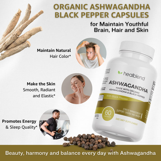 Healblend Organic Ashwagandha Supplement 1300Mg with Black Pepper Extract - Supports Stress Relief, Immune, Energy, Stamina & Mood, 100% Pure - 60 Capsules 2-Pack