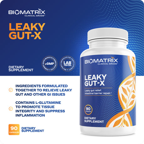 Biomatrix Leaky Gut, IBS Supplement W/ L-Glutamine, Turmeric Root - Support Mucosa | 90 Caps