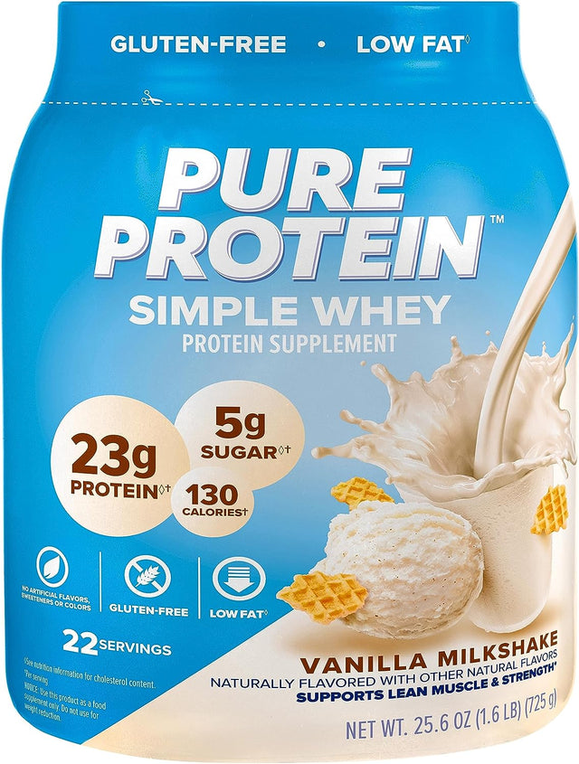 Pure Protein Simple Whey Powder - High Protein, Low Sugar, Gluten-Free, French Vanilla Flavor - 1.6 Lbs