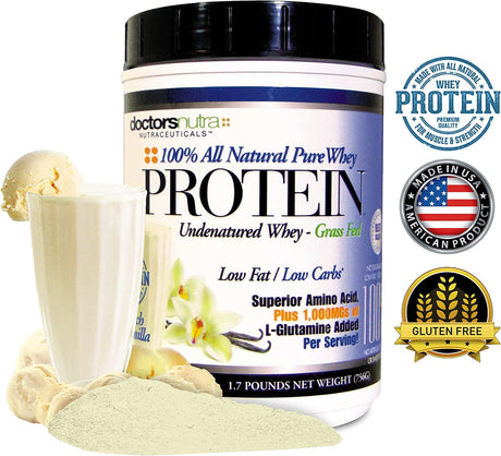 Doctors Nutra Nutraceuticals Pure 100 Percent - Undenatured Grass Fed Whey Protein (Pack of 2), Low Carb Low Fat, Vanilla Flavor, All Natural, Ultrafiltered plus 1000 Milligrams L-Glutamine