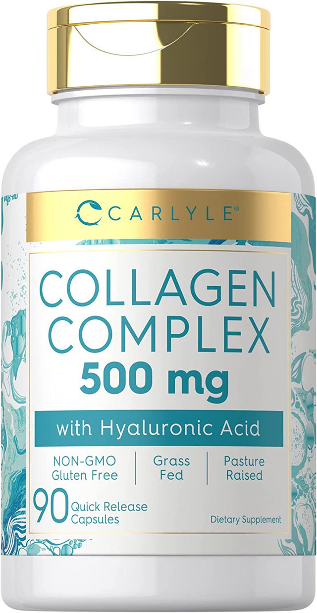 Collagen with Hyaluronic Acid 500Mg | 90 Capsule Pills | Hydrolyzed Collagen Supplement | Non-Gmo, Gluten Free | by Carlyle