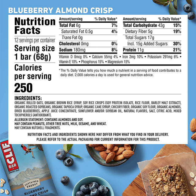 CLIF BARS - Energy Bars - Blueberry Almond Crisp - Made with Organic Oats - Plant Based Food - Vegetarian - Kosher (2.4 Ounce Protein Bars, 12 Count)