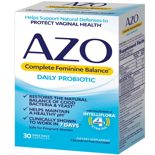 AZO Complete Feminine Balance Daily Probiotics for Women, Clinically Proven, Support Vaginal Health, Non-Gmo, 30 Count