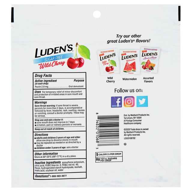 Luden'S Sugar Free Wild Cherry Throat Drops, Sore Throat Relief, 75 Count