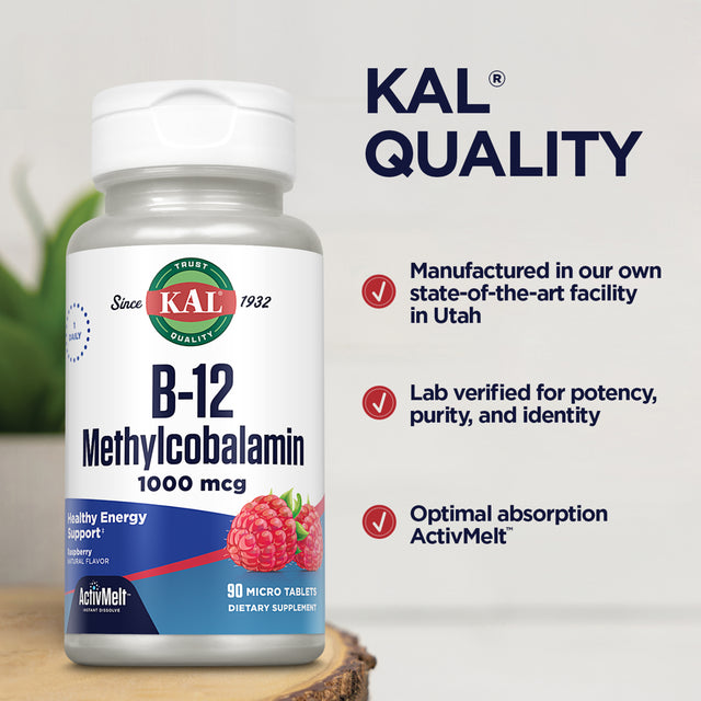 KAL B-12 Methylcobalamin Activmelt 1000 Mcg | Natural Raspberry Flavor | Healthy Metabolism, Energy, Nerve & Red Blood Cell Support | 90 Micro Tablets