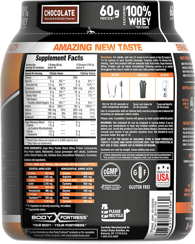 Body Fortress Super Advanced Whey Protein Powder, Chocolate Flavored, Gluten Free, 2 Lb